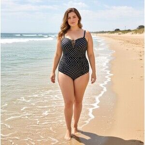 Torrid One Piece Swimsuit 2X 18 20 Slim Fix Black Polka Dot Lattice Ruched Retro